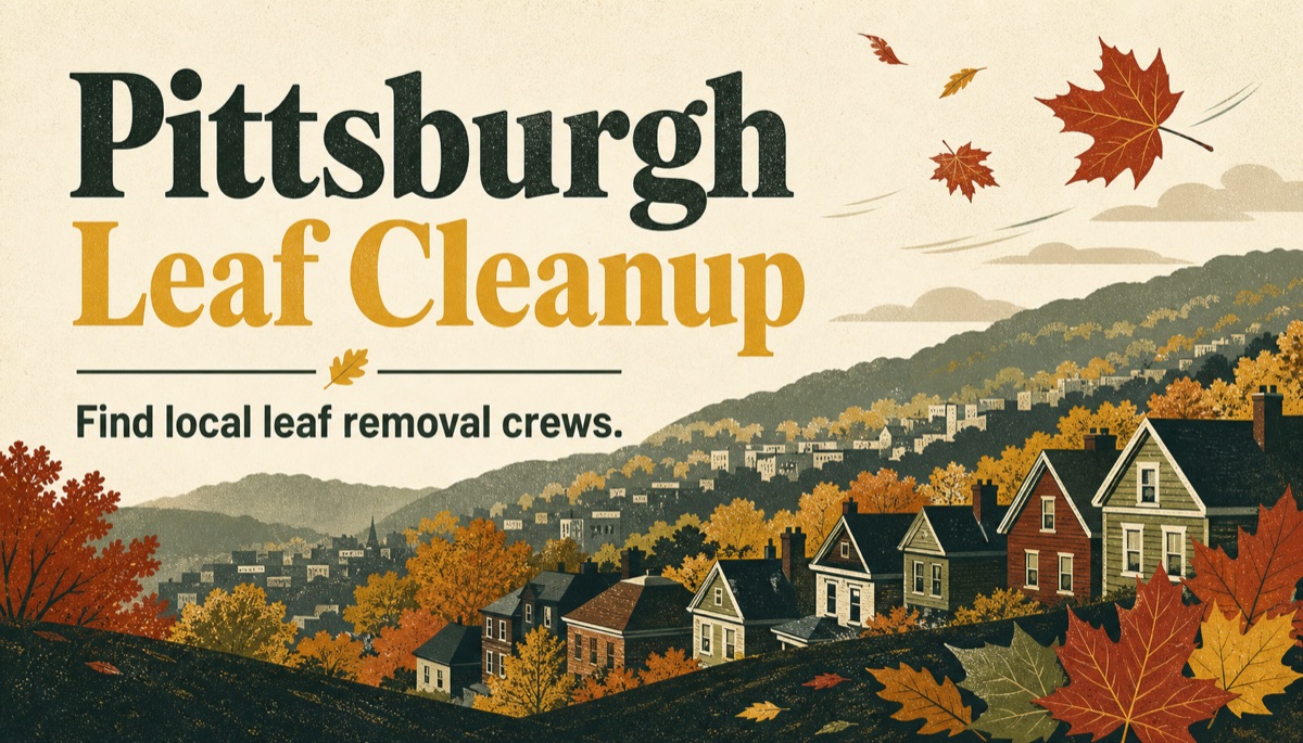 Illustrated Pittsburgh hillside neighborhood surrounded by autumn leaves.